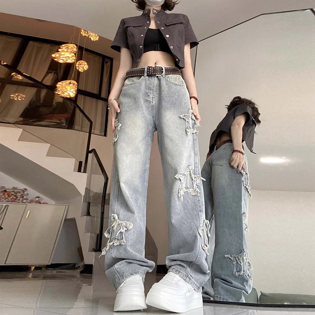 High Waisted Vintage Star Jeans For Women Chic Embroidered Straight Leg To Wide Leg Slim Fit Denim Pants спортивні штани жіночі