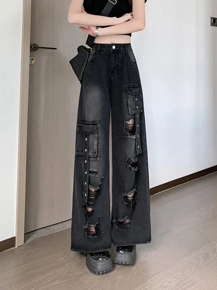 Y2K Hole Cargo Jeans Women Retro Streetwear Loose Straight Denim Pants Multiple Pockets High Waist Casual Commuting New Trousers