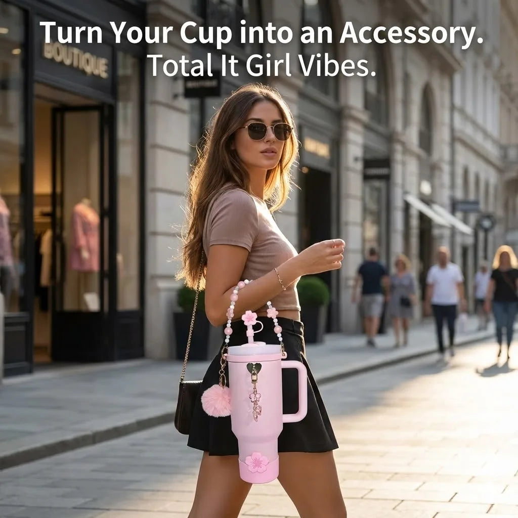 7pcs Sakura Pink Accessories Set for Stanley 30oz 40oz Tumbler Coquette Aesthetic Charm Handle Chain Spring Gift for Women Girls