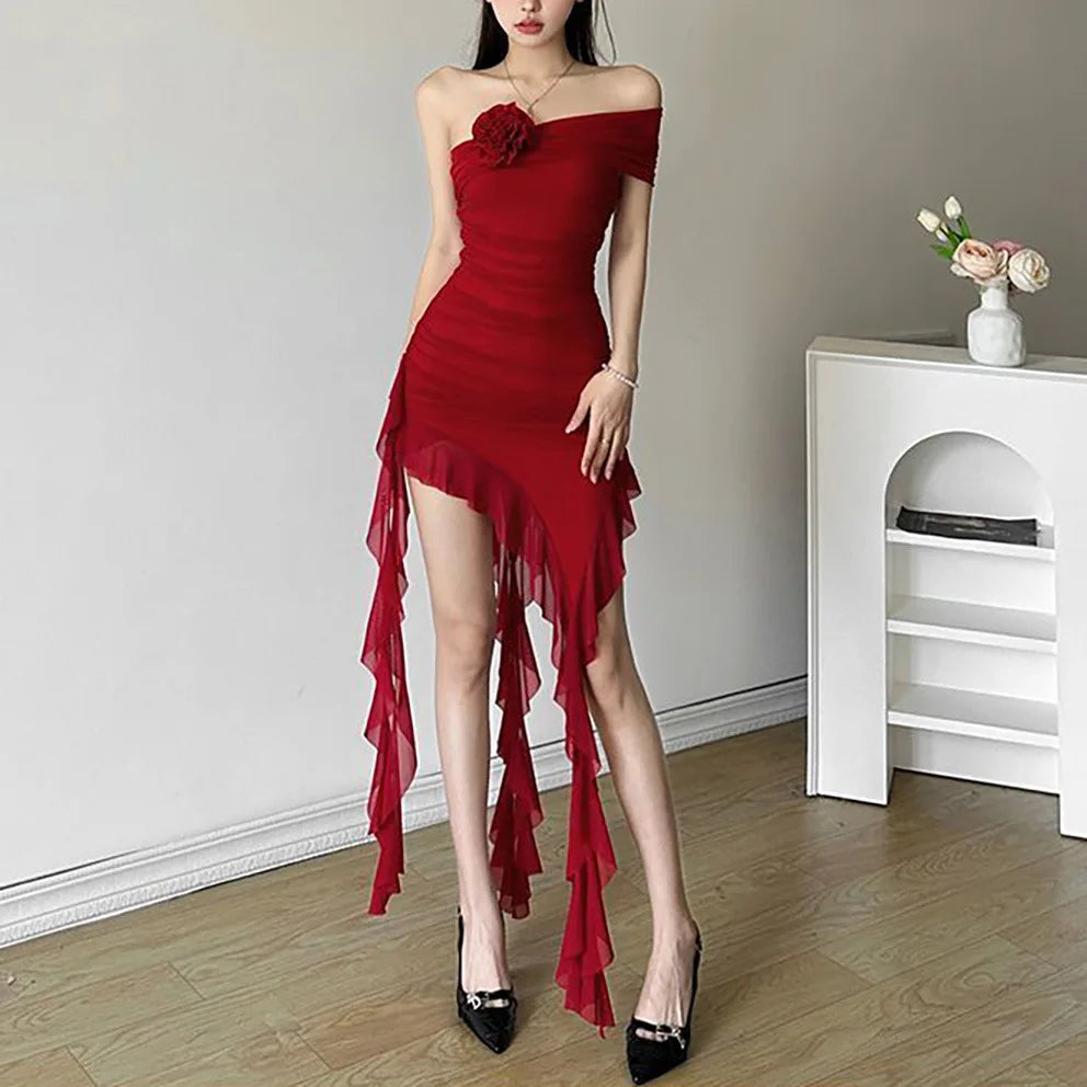 Lace Splicing Sexy Perspective Dress Women Irregular Sleeveless Edge Dress Summer Long Party Vacation Evening Dress