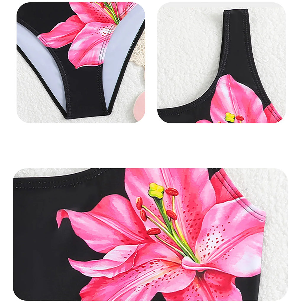 2 Piece Kids High Waist Bikini Sets One Shoulder Floral Printed Padded Swimsuit For Girls Summer Beachwear Swimming Bathing Suit