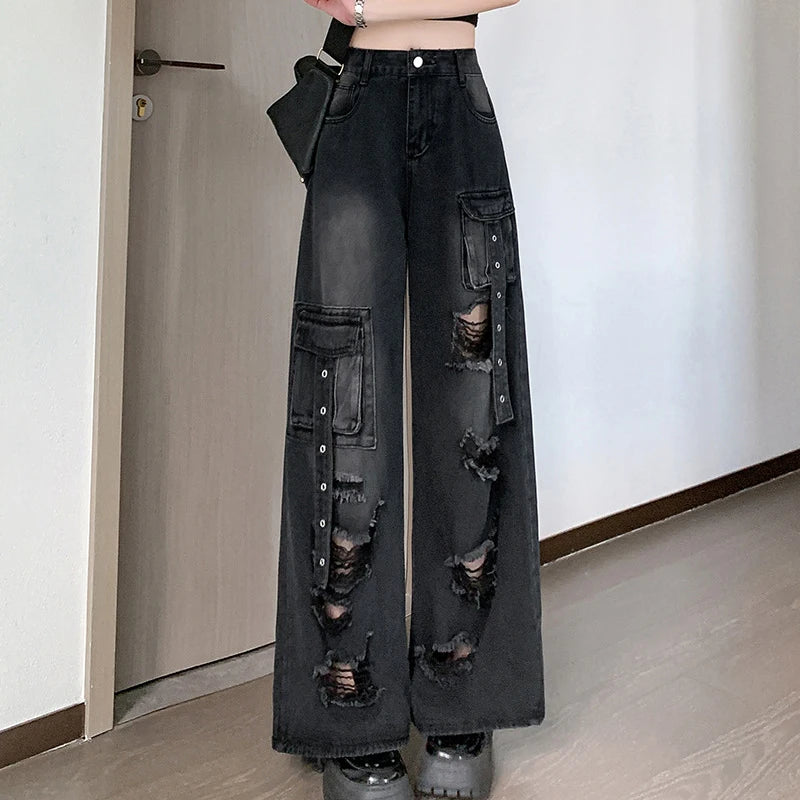 Y2K Hole Cargo Jeans Women Retro Streetwear Loose Straight Denim Pants Multiple Pockets High Waist Casual Commuting New Trousers