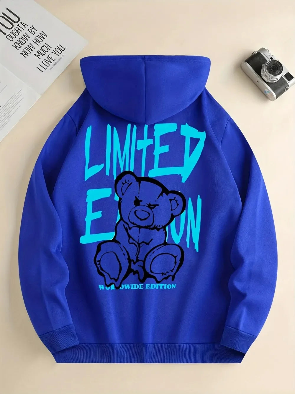 Men's Street Fashion Fall/winter Cartoon Lettered Bear Print Hooded Fleece Pullover Versatile All Occasions Sporty Casual Loose