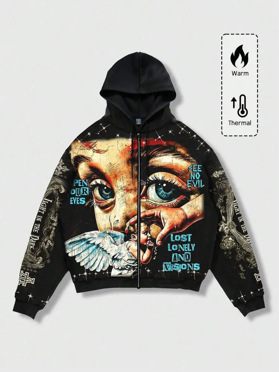 Star Eye Print Hoodie Men's Fleece Lined Sweatshirt Urban Style Comfortable Fit Winter Collection No Brand Registered Trademark