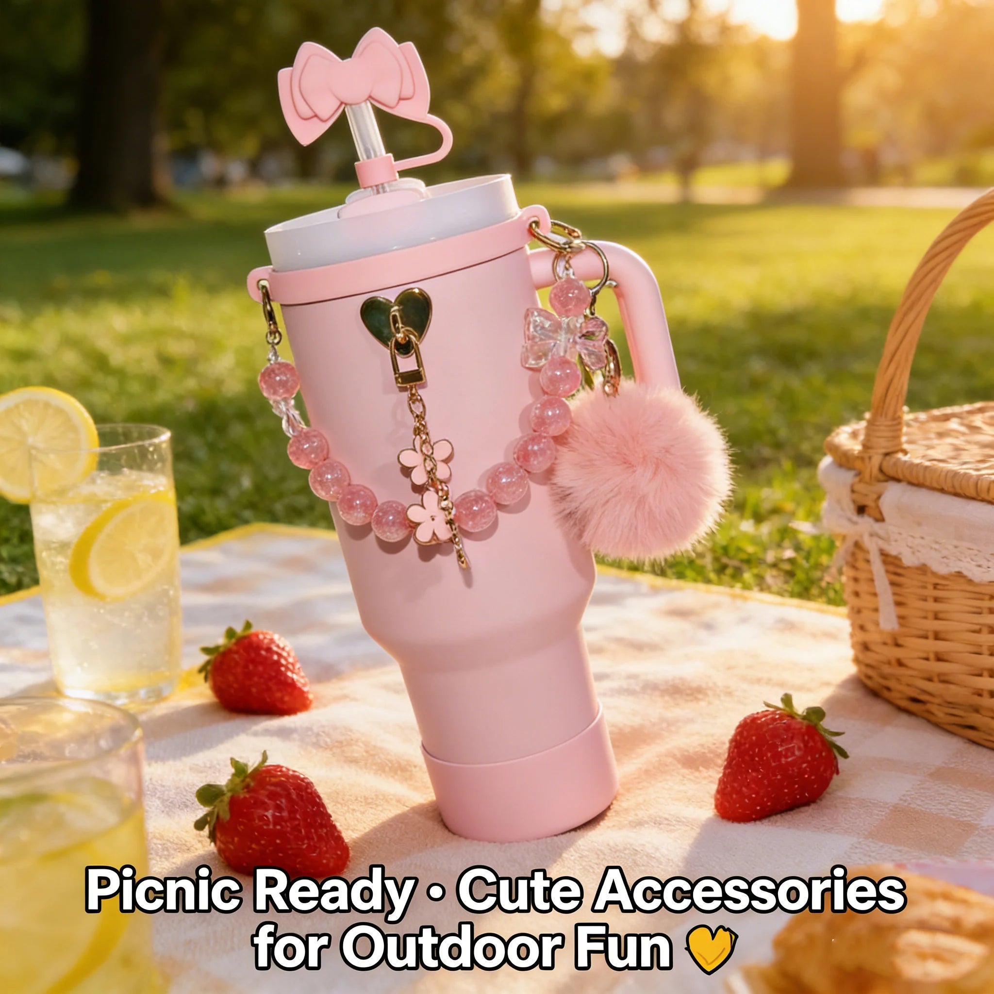 7pcs Cute Cup Accessories Set for Stanley 40oz/30oz Tumbler Pink Bow Straw Cap Topper, Pom-Pom,Kawaii Drinkware Gift for Women