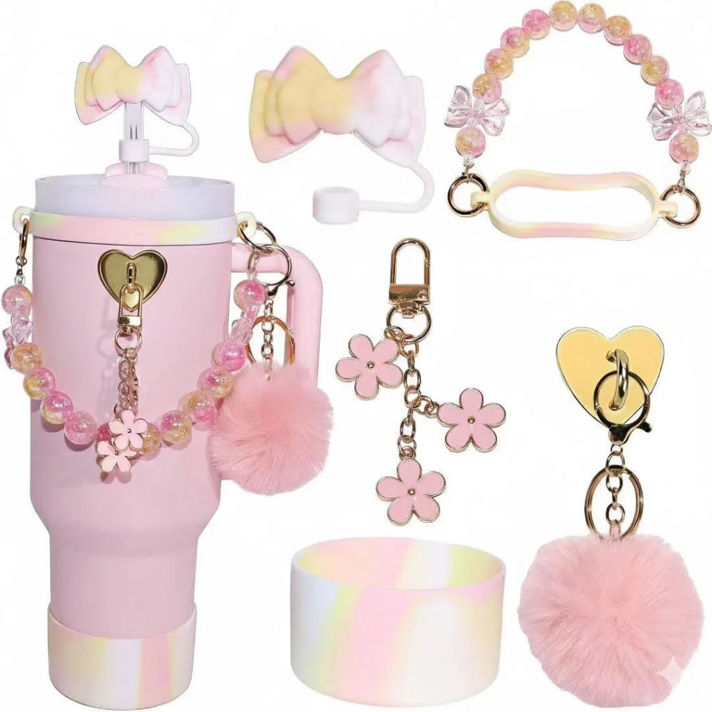 7pcs Cute Cup Accessories Set for Stanley 40oz/30oz Tumbler Pink Bow Straw Cap Topper, Pom-Pom,Kawaii Drinkware Gift for Women