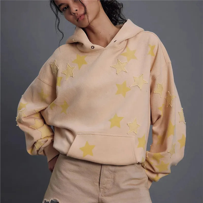 hirigin American Casual Oversized Star Patch Hoodie Women Vintage Loose Drop Shoulder Kangaroo Pocket Everyday Street Sweatshirt