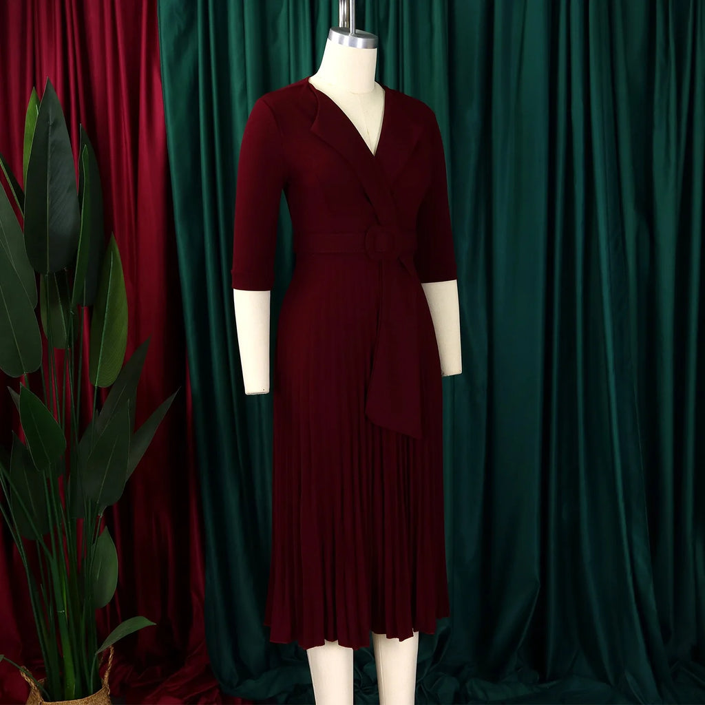 Elegant Office Ladies Dresses 2024 Autumn Fall Notched Collar Half Sleeve Belt Waisted Mid Calf Female Birthday Party Dress Midi