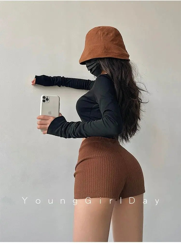 American Style Shorts Women High Waist Sheath Stretch Solid Knitting Hot Trousers Sexy Spice Girls Summer Simple Sporty Casual