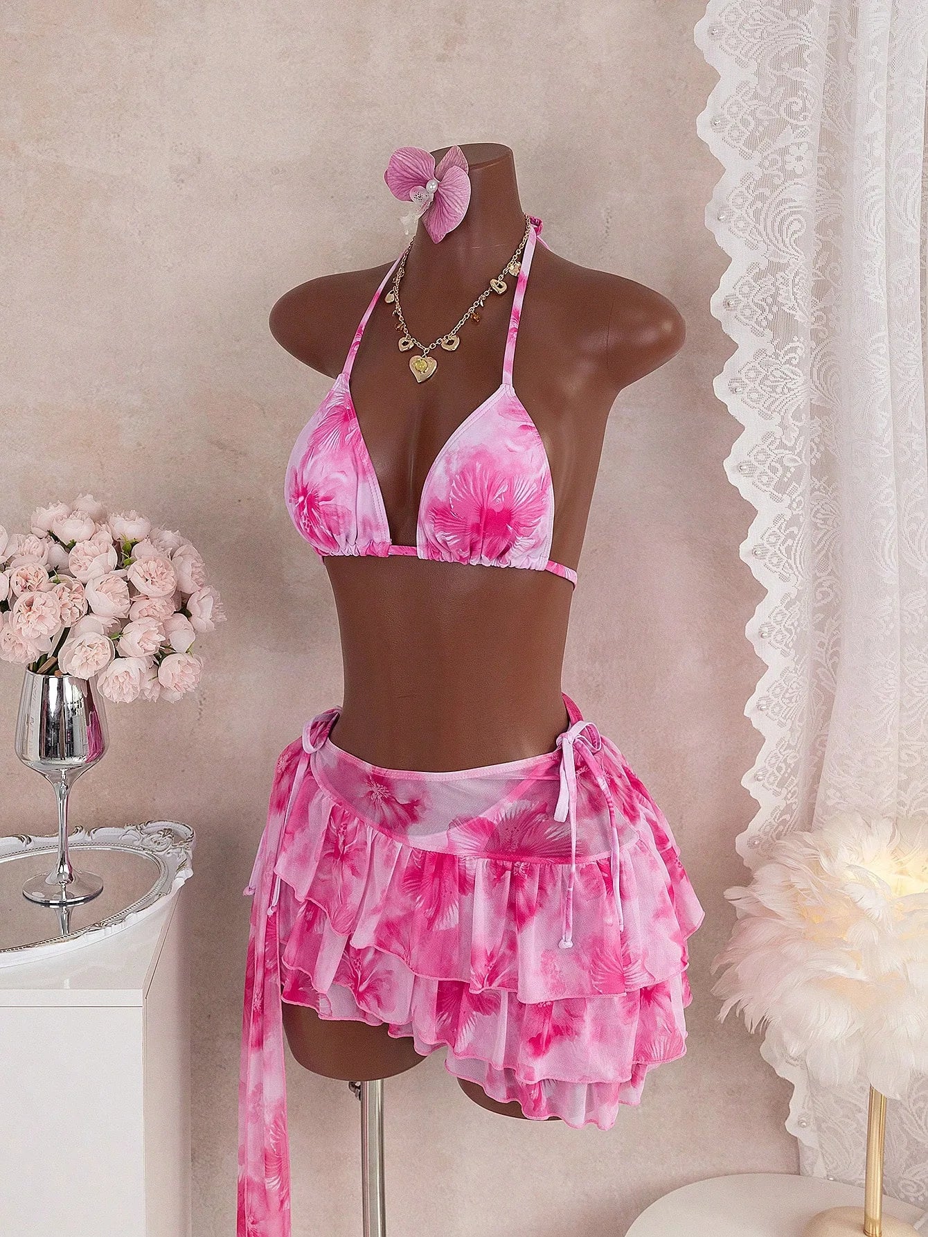 New Color-blocking Slim-fit Sexy Casual Hot Vacation Swimsuit With Straps, Three-piece Bikini Set