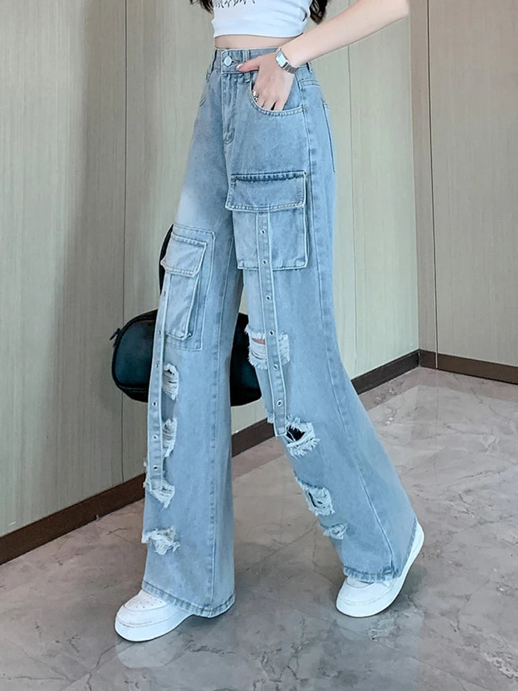 Y2K Hole Cargo Jeans Women Retro Streetwear Loose Straight Denim Pants Multiple Pockets High Waist Casual Commuting New Trousers