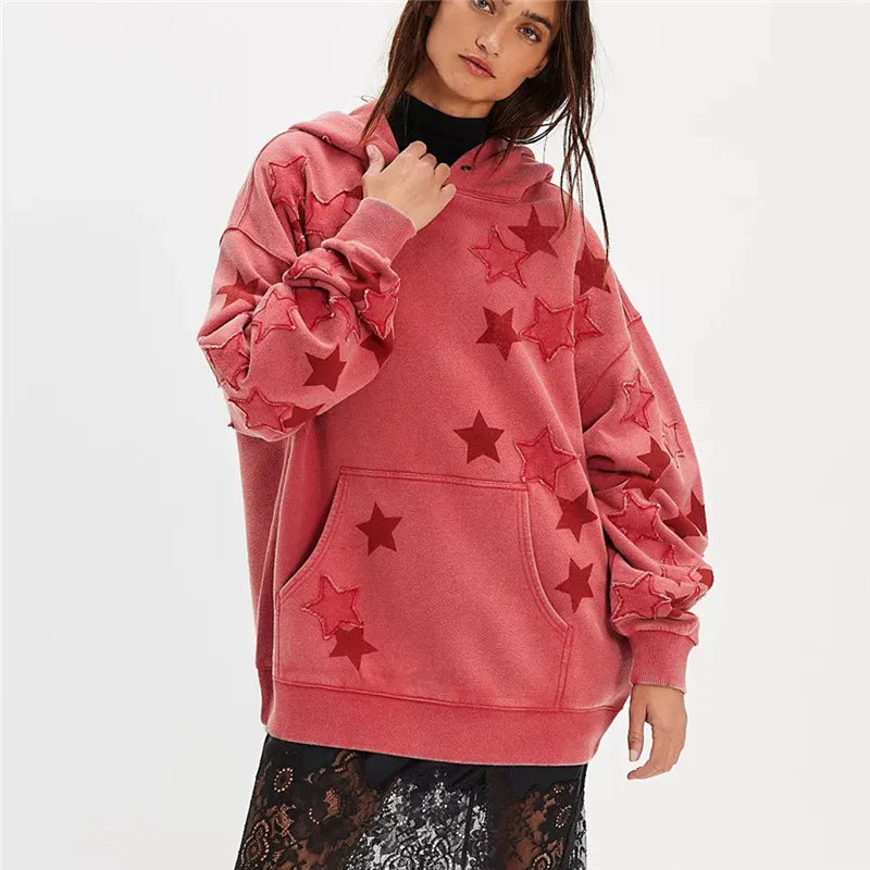 hirigin American Casual Oversized Star Patch Hoodie Women Vintage Loose Drop Shoulder Kangaroo Pocket Everyday Street Sweatshirt