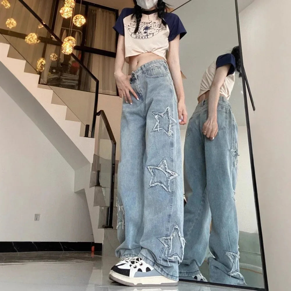 High Waist Wide Leg Straight Cut Jeans Women's Spring Summer New Style Embroidered Five-Pointed Star Patch Trendy Long Pants