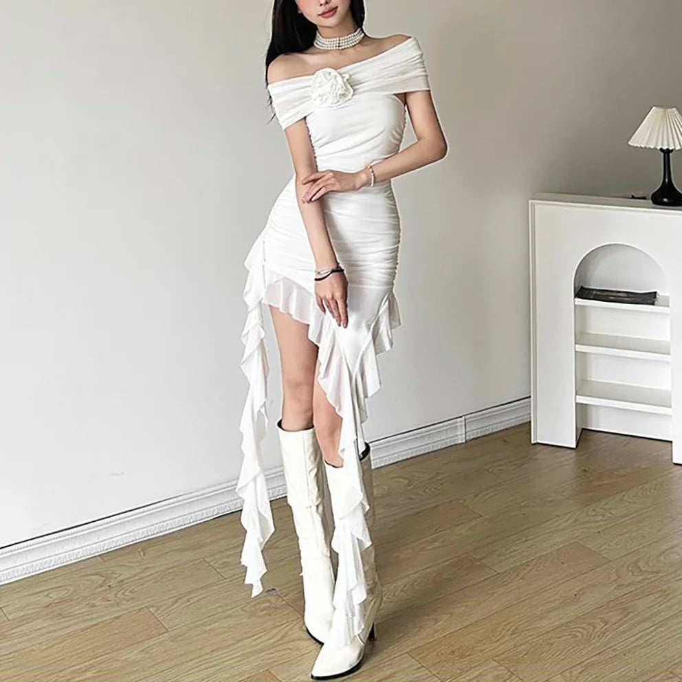 Lace Splicing Sexy Perspective Dress Women Irregular Sleeveless Edge Dress Summer Long Party Vacation Evening Dress