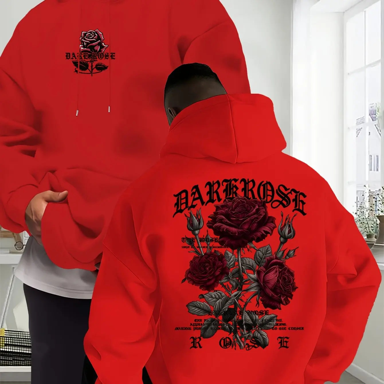 Men's Oversized Hoodie Rose Graphic Print Sweatshirt Gothic Streetwear Vintage Pullover Hooded Top Casual Autumn Winter