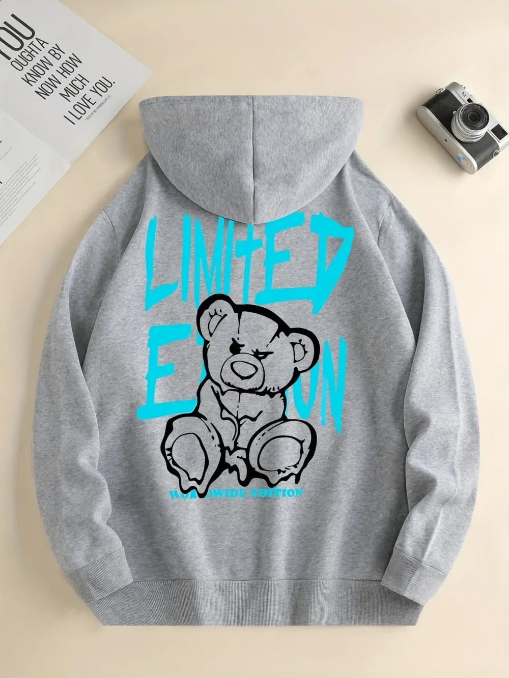 Fashionable European and American men's autumn teddy bear letter print soft and comfortable hooded sweatshirt outdoor high stree