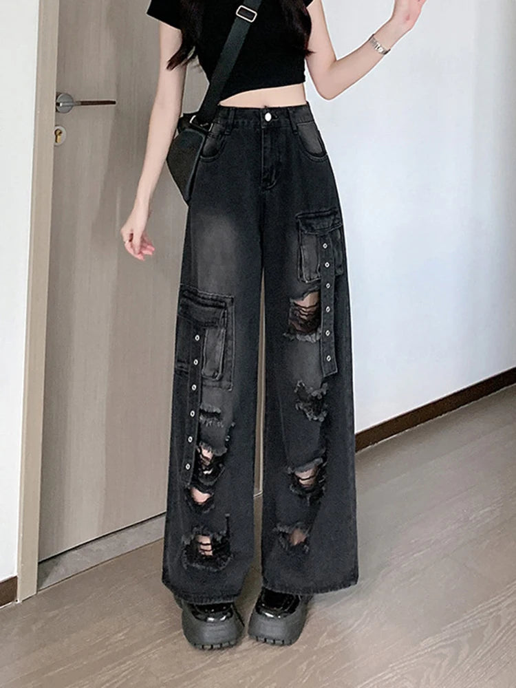 Y2K Hole Cargo Jeans Women Retro Streetwear Loose Straight Denim Pants Multiple Pockets High Waist Casual Commuting New Trousers