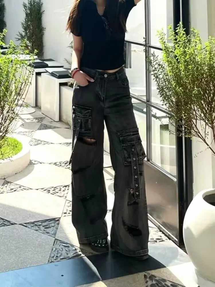 Gothic Y2k 2000s Pockets Safari Ripped Baggy Jeans Women Black Girl Denim Trousers Punk Pants Vintage Woman Clothing Clothes