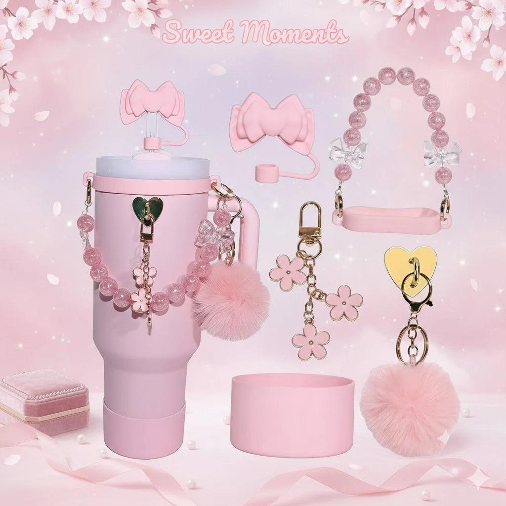 7pcs Cute Cup Accessories Set for Stanley 40oz/30oz Tumbler Pink Bow Straw Cap Topper, Pom-Pom,Kawaii Drinkware Gift for Women