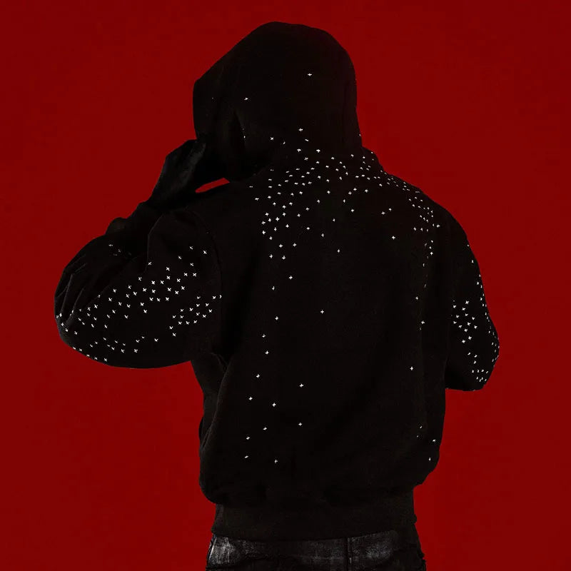 Autumn Winter American Hip Hop Vintage Long Sleeved Hoodie Dark Gothic Cross Applique Decorated Zipper Cardigan High Street Coat