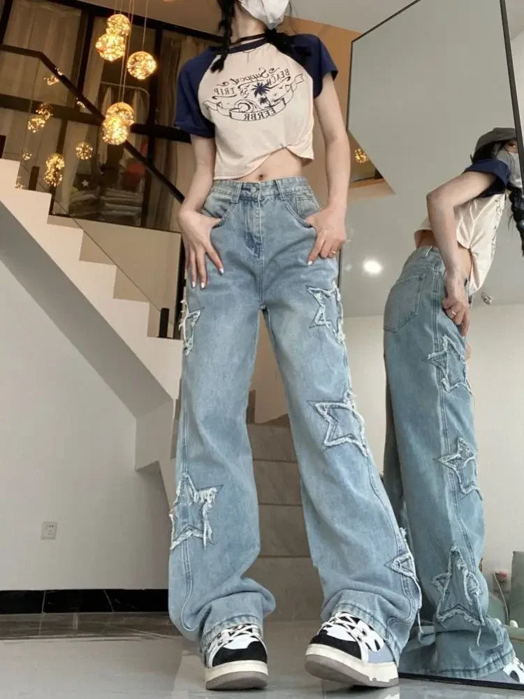 High Waist Wide Leg Straight Cut Jeans Women's Spring Summer New Style Embroidered Five-Pointed Star Patch Trendy Long Pants