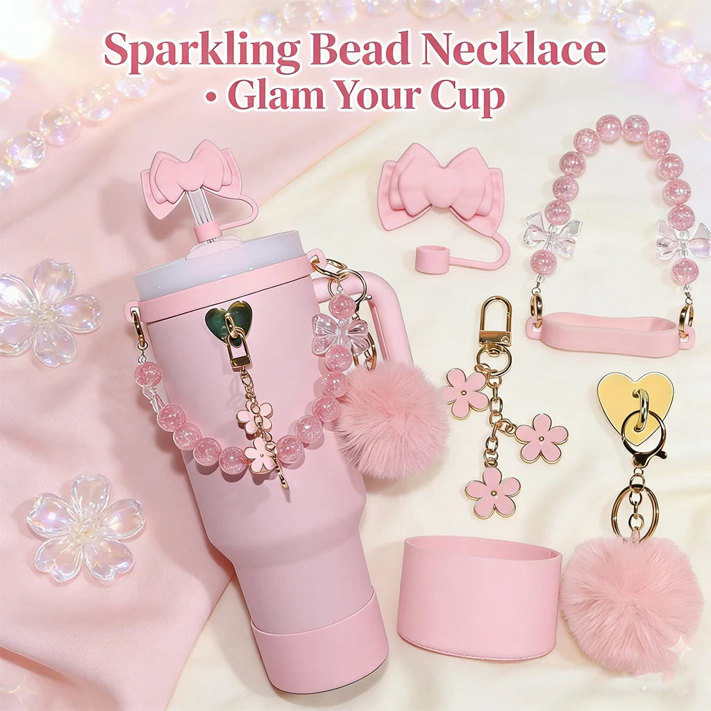 7pcs Cute Cup Accessories Set for Stanley 40oz/30oz Tumbler Pink Bow Straw Cap Topper, Pom-Pom,Kawaii Drinkware Gift for Women