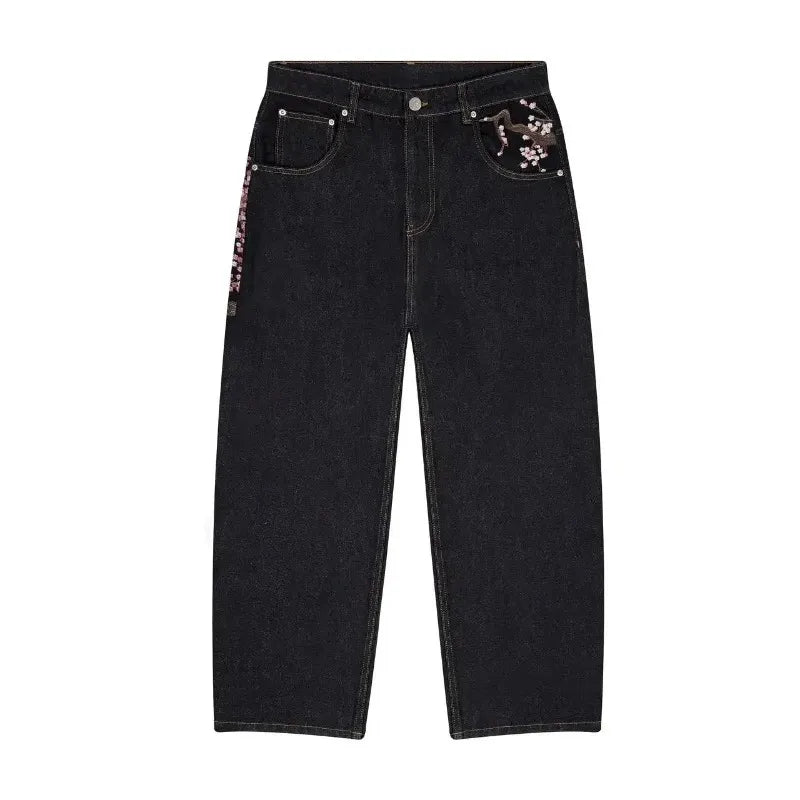 Y2K Two Piece Harajuku Vintage Cherry Blossom Selvedge Embroidery oversized Hoodie Goth men women wide leg pants streetwear Set