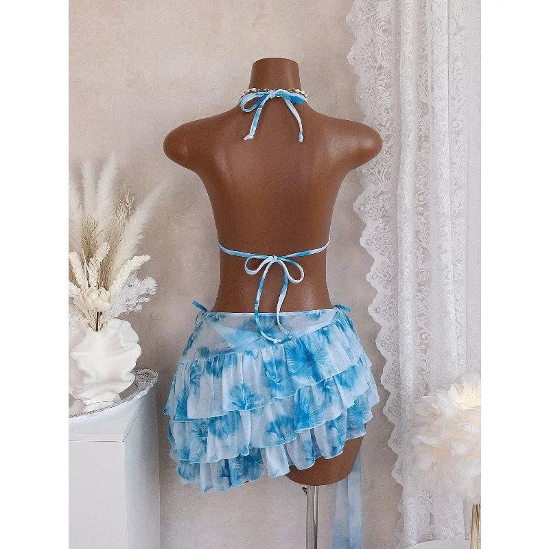 2026 New Women's Print Bikini Set Sexy Bandage Micro Bikini Layered Ruffle Skirt Three Piece Sets Beachwear Vacation Pool Party