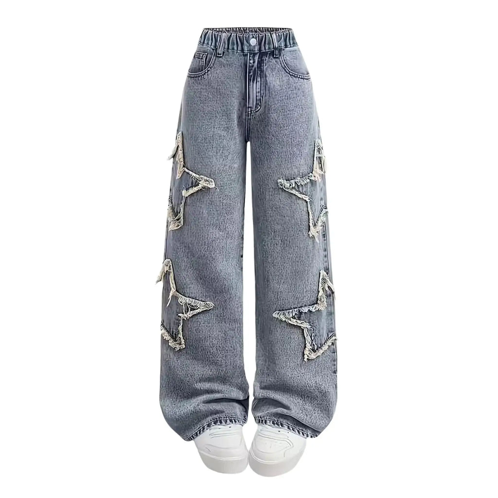 Girls Jeans Autumn Spring Loose Casual Straight Pants Kids Fashion Versatile Wide Leg Trousers Star Patchwork Denim Pants 5-15Y