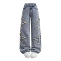 Girls Jeans Autumn Spring Loose Casual Straight Pants Kids Fashion Versatile Wide Leg Trousers Star Patchwork Denim Pants 5-15Y