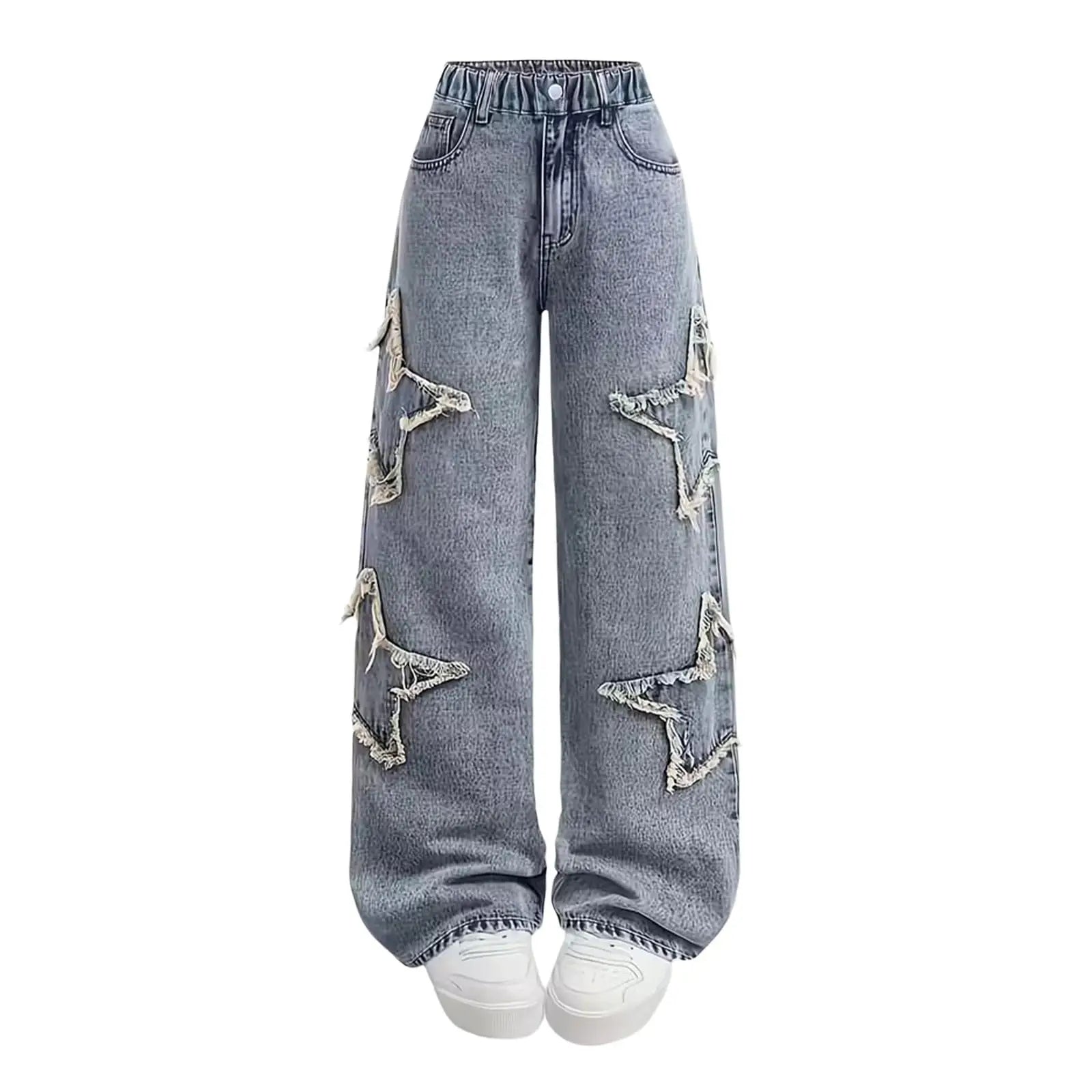 Girls Jeans Autumn Spring Loose Casual Straight Pants Kids Fashion Versatile Wide Leg Trousers Star Patchwork Denim Pants 5-15Y