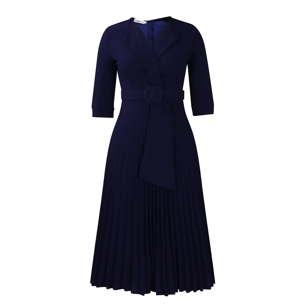 Elegant Office Ladies Dresses 2024 Autumn Fall Notched Collar Half Sleeve Belt Waisted Mid Calf Female Birthday Party Dress Midi