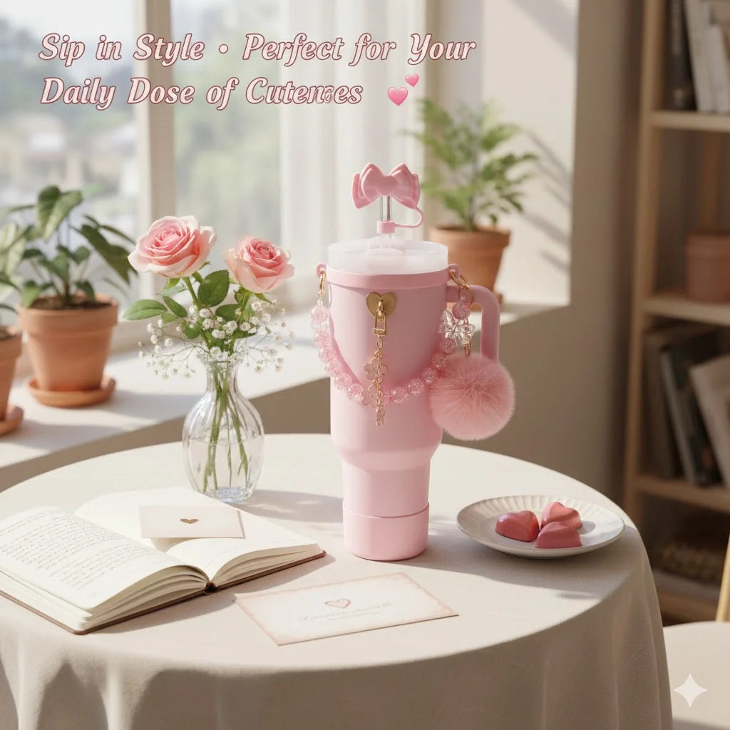 7pcs Cute Cup Accessories Set for Stanley 40oz/30oz Tumbler Pink Bow Straw Cap Topper, Pom-Pom,Kawaii Drinkware Gift for Women
