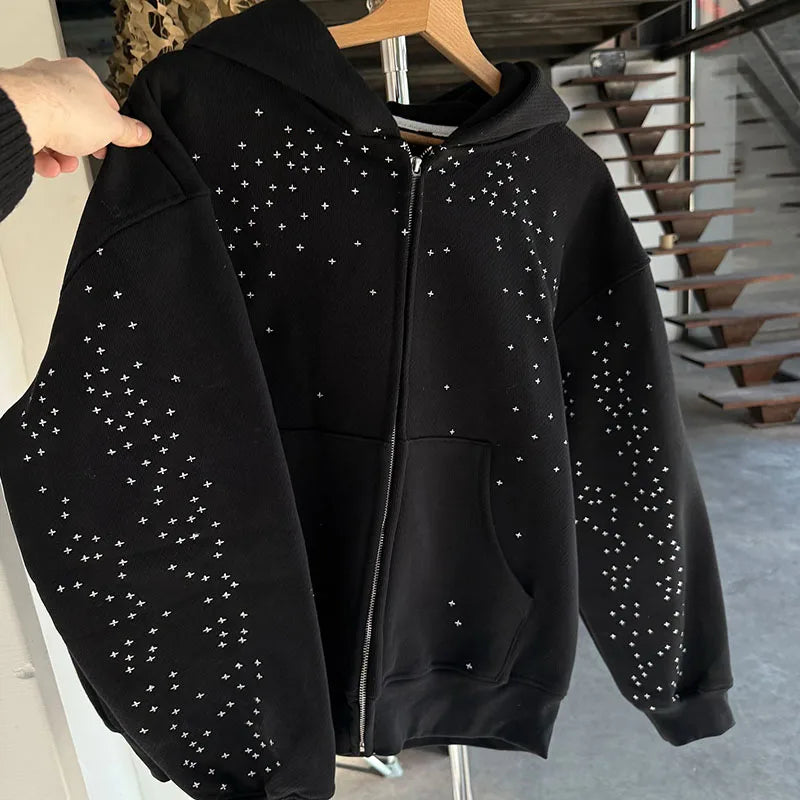 Autumn Winter American Hip Hop Vintage Long Sleeved Hoodie Dark Gothic Cross Applique Decorated Zipper Cardigan High Street Coat
