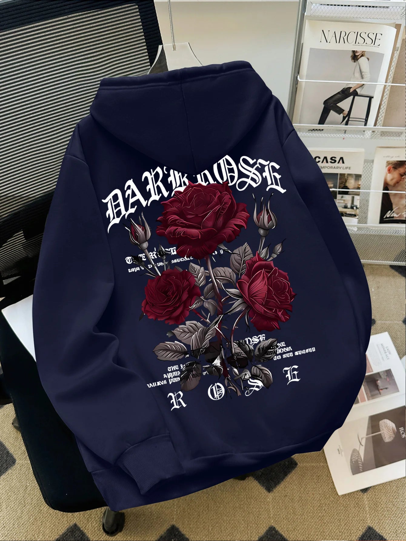 Autumn/Winter Street Style Men's Hoodie with Rose and Gothic Letter Print, Casual Loose Fit, Fleece-lined Long-sleeved Hoodie