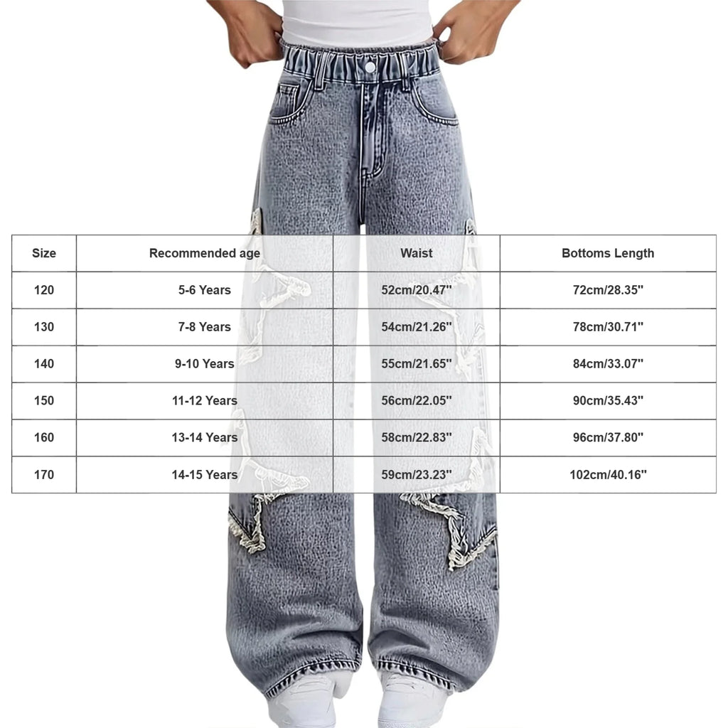 Girls Jeans Autumn Spring Loose Casual Straight Pants Kids Fashion Versatile Wide Leg Trousers Star Patchwork Denim Pants 5-15Y