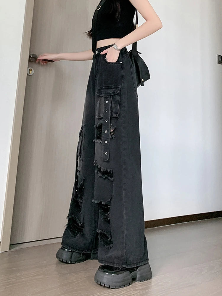 Y2K Hole Cargo Jeans Women Retro Streetwear Loose Straight Denim Pants Multiple Pockets High Waist Casual Commuting New Trousers