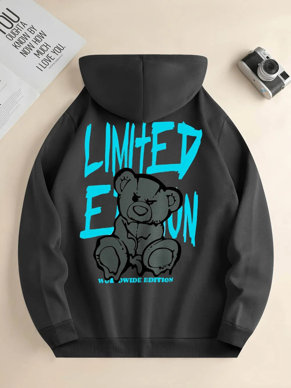 Men's Street Fashion Fall/winter Cartoon Lettered Bear Print Hooded Fleece Pullover Versatile All Occasions Sporty Casual Loose