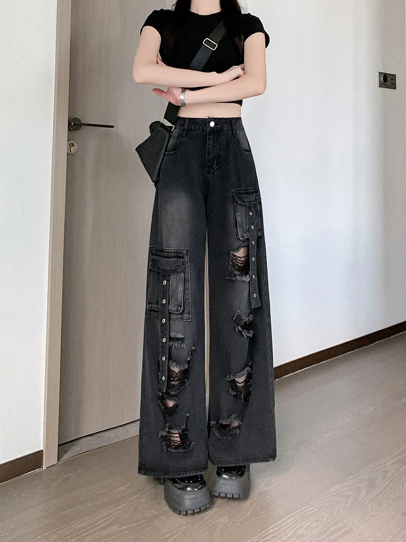 Y2K Hole Cargo Jeans Women Retro Streetwear Loose Straight Denim Pants Multiple Pockets High Waist Casual Commuting New Trousers