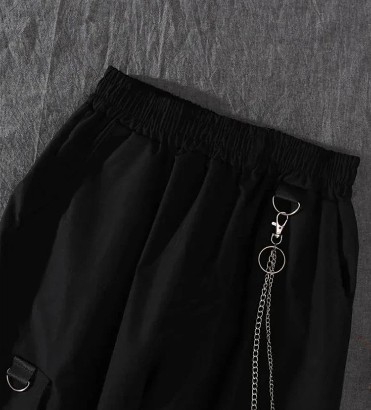New Men Streetwear Two-piece Suit Splice Chain Long Sleeve+Ribbon Chain Pants Harajuku Cargo Pants 2 Piece Sets Mens Outfits