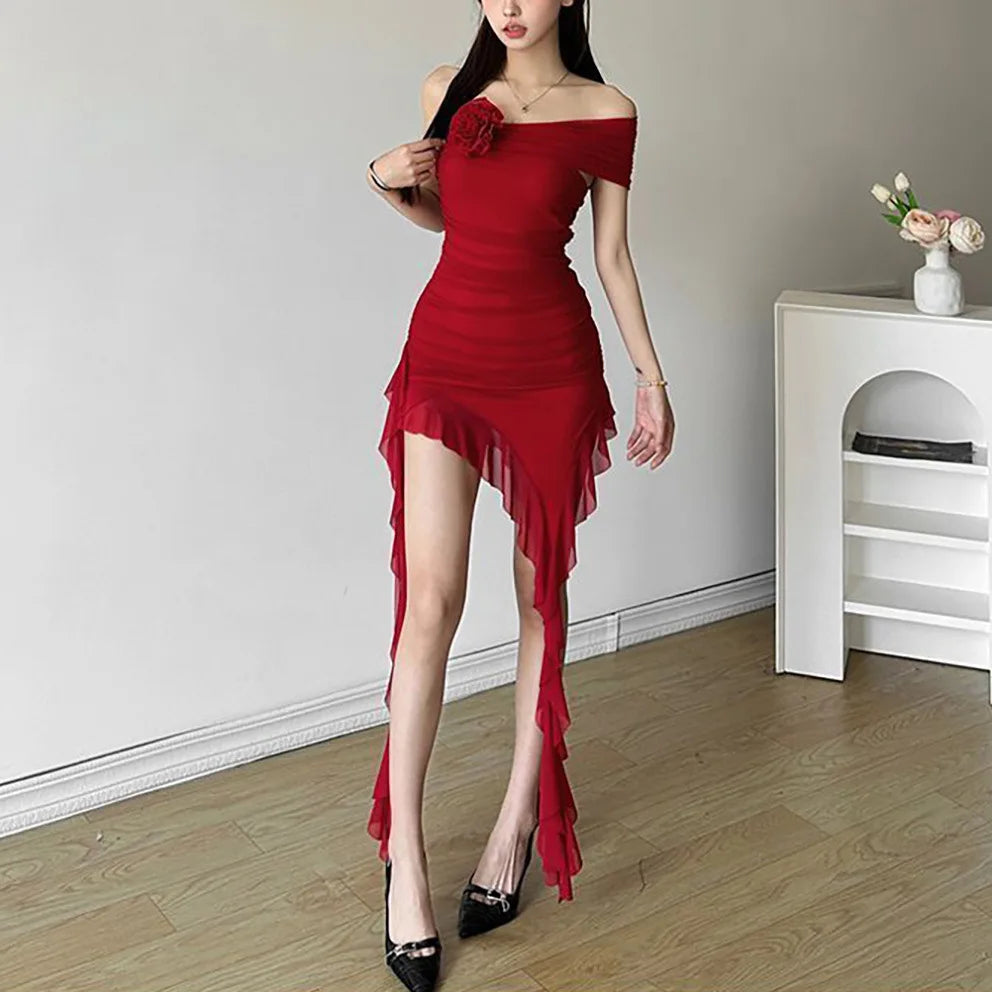 Lace Splicing Sexy Perspective Dress Women Irregular Sleeveless Edge Dress Summer Long Party Vacation Evening Dress