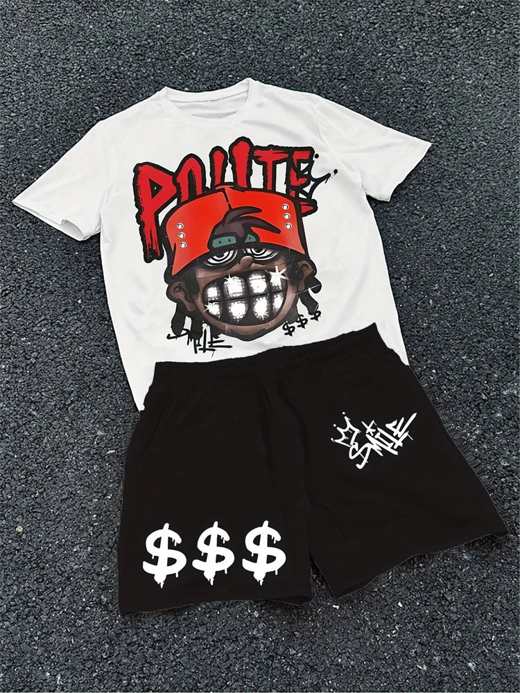 2026 New Spring American Hip-hop Style Men's Round-neck Top And Casual Shorts, Street Fashion Trend Men's Short-sleeved 2pcs Set