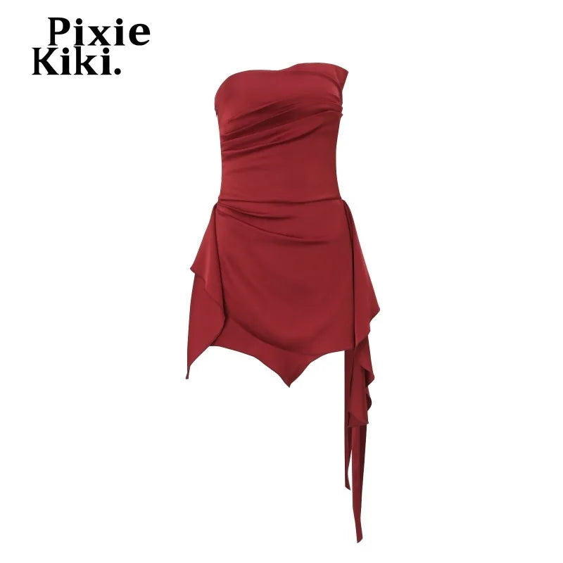 PixieKiki Sexy Satin Red Dress Asymmetrical Ruched Strapless Backless Short Dresses for Woman Party Birthday Outfits P33-EE26