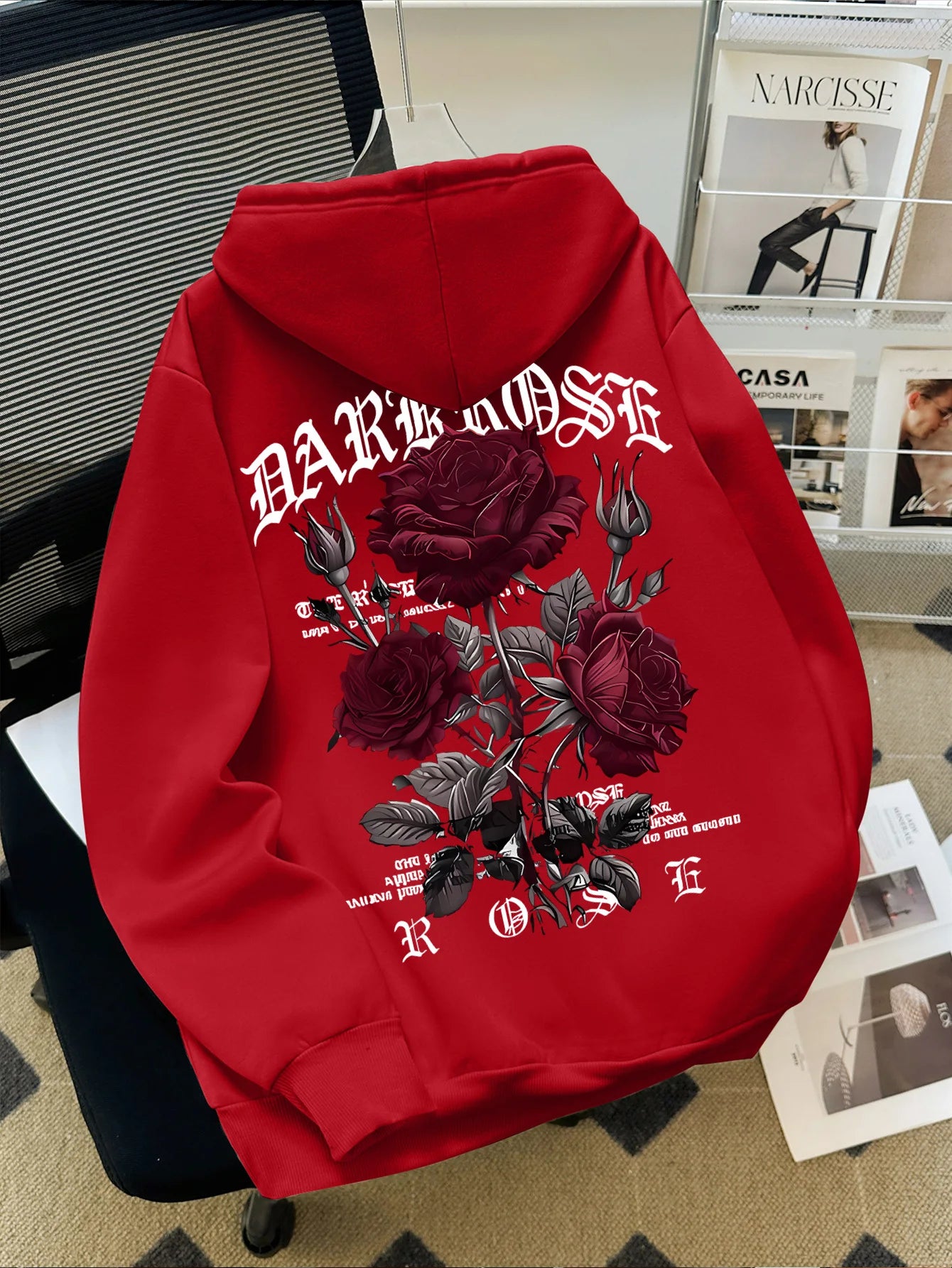 Autumn/Winter Street Style Men's Hoodie with Rose and Gothic Letter Print, Casual Loose Fit, Fleece-lined Long-sleeved Hoodie