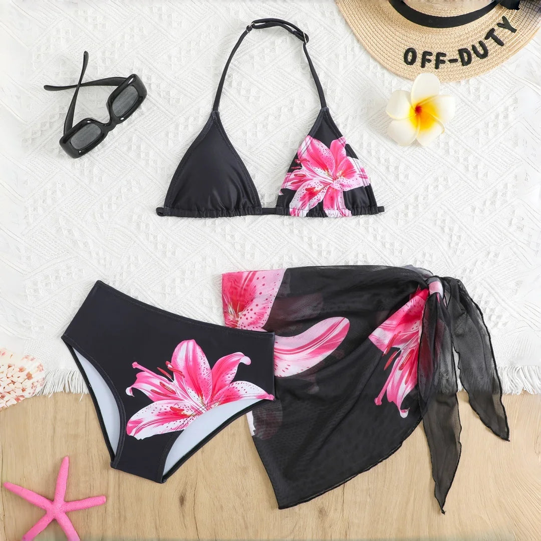 2026 New Trendy Girls' Swimwear Chindren Girls Bikini Swimsuit Set with Flower Print Three-Piece Outfit Bathing Suit 7 To 16Y