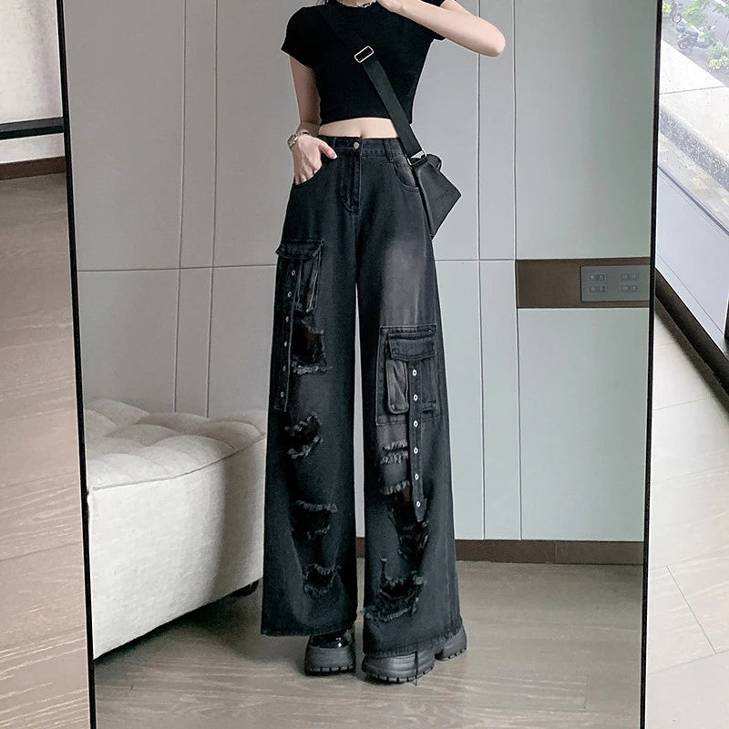 Y2K Hole Cargo Jeans Women Retro Streetwear Loose Straight Denim Pants Multiple Pockets High Waist Casual Commuting New Trousers