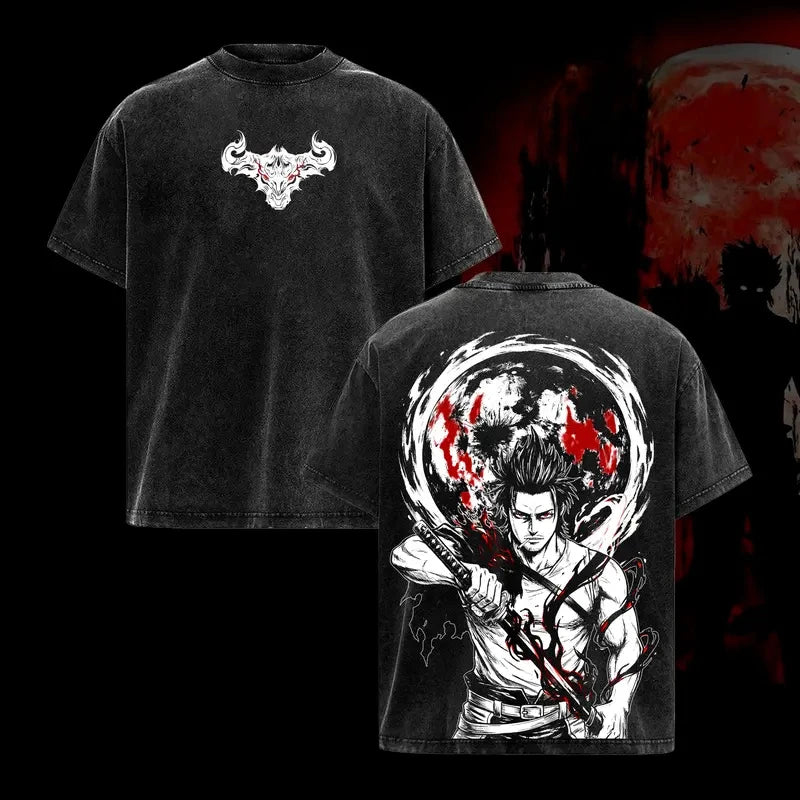 Black Clover Anime Printed T-shirt Yami Sukehiro Washed T Shirt Men Women Clothing Oversized Short Sleeve Cotton Tees Tops
