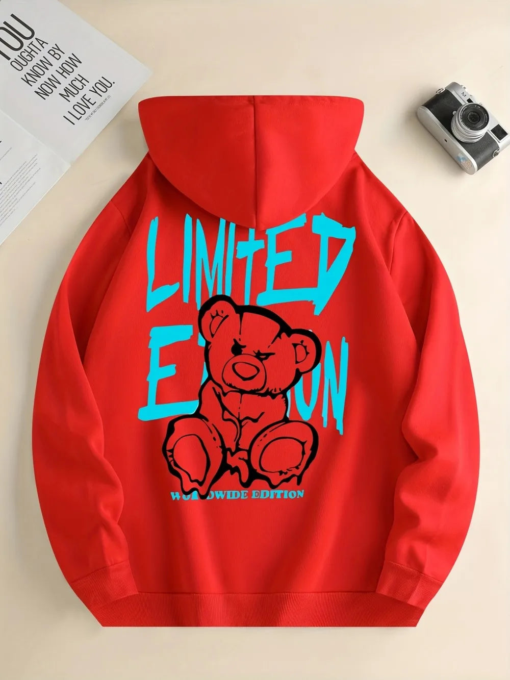 Men's Street Fashion Fall/winter Cartoon Lettered Bear Print Hooded Fleece Pullover Versatile All Occasions Sporty Casual Loose