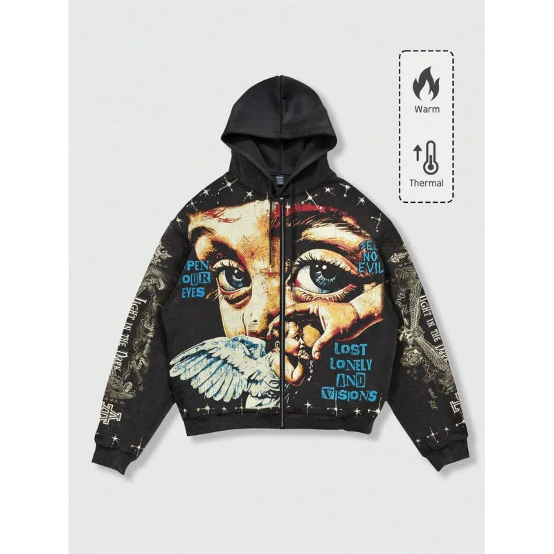 Star Eye Print Hoodie Men's Fleece Lined Sweatshirt Urban Style Comfortable Fit Winter Collection No Brand Registered Trademark