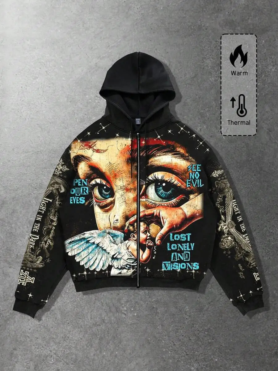 Star Eye Print Hoodie Men's Fleece Lined Sweatshirt Urban Style Comfortable Fit Winter Collection No Brand Registered Trademark